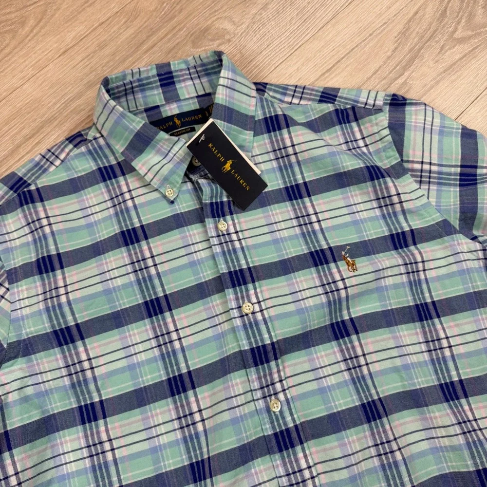 Polo Ralph Lauren Mens‎ Classic Fit Plaid Button Down Shirt Green Blue L NEW